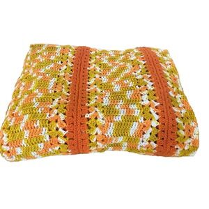 Vtg Lg 70s Orange & Gold Crochet Afghan Sofa‎ Throw Blanket 62" x 85" Grannycore